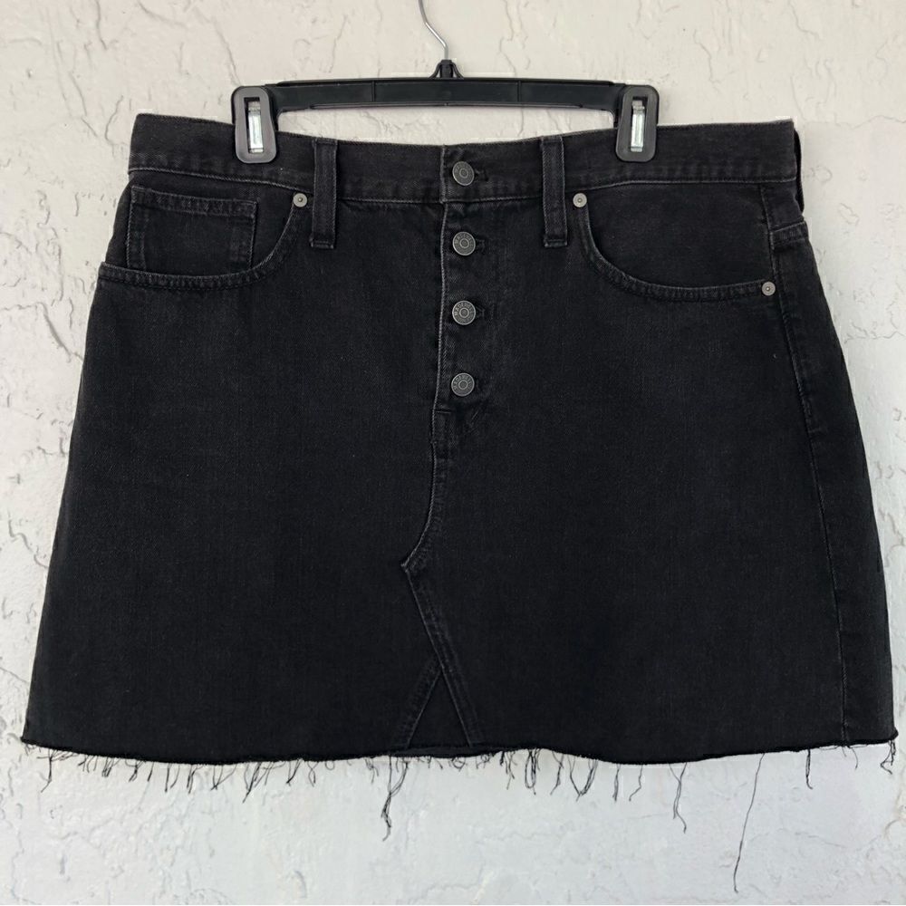 MADEWELL Rigid Denim Jean A Line Mini Skirt‎ Black Size 32 Button Fly Raw Hem